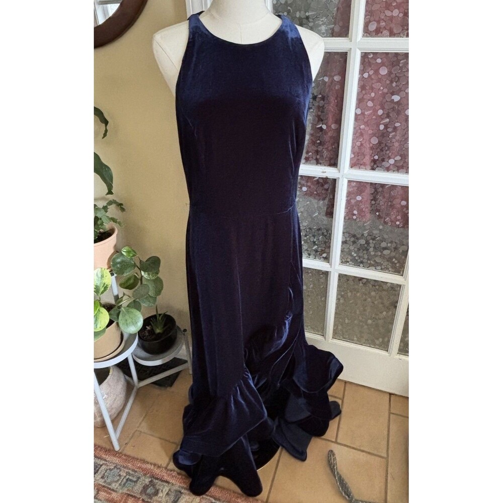 Betsy & Adam Velvet Gown Ruffled Long Dress Sz 12 Flattering Formal Navy Dance